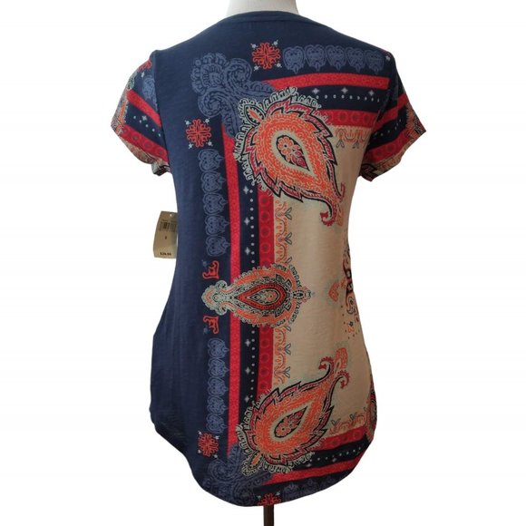 Lucky Brand Womens NWT Blue Red Orange Paisley Bandana Print S/S T-Shirt Top S - Picture 3 of 10